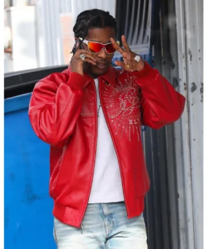 A$AP Rocky Pelle Pelle Anniversary red jacket featuring premium leather, bold design, and iconic hip-hop streetwear style