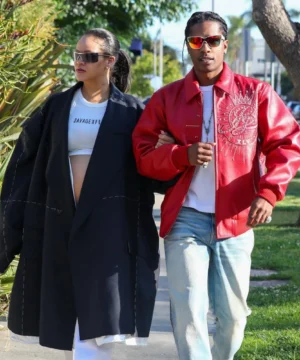 Red Pelle Pelle jacket worn by A$AP Rocky for the anniversary edition with sleek fit and luxury urban fashion appeal