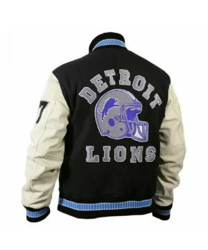 Axel Foley inspired Detroit Lions letterman jacket showcasing bold team colors, quality craftsmanship, and iconic American sportswear style