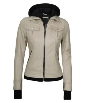 Beige Glimmer bomber hooded jacket featuring premium fabric, sleek design, and modern streetwear style