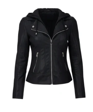 Biker leather hooded jacket featuring a rugged motorcycle design, premium leather, and functional hooded style