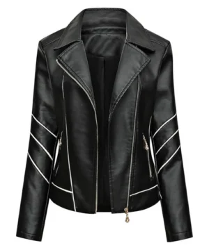 Black Café Racer jacket with white stripes featuring premium leather, classic motorcycle design, and sleek streetwear style