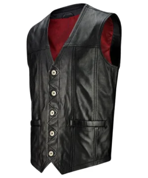 Classic black leather biker vest with durable stitching, sleeveless moto style, and structured fit