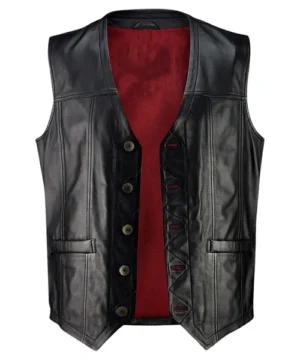 Black classic biker vest featuring premium leather, timeless motorcycle design, and rugged streetwear appeal