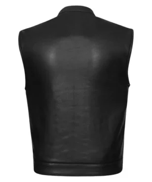 Fury black leather biker vest with durable stitching, sleeveless moto style, and structured fit