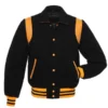 Black Gold Elite varsity jacket crafted from premium leather with classic collegiate design and sleek gold-accent detailing.
