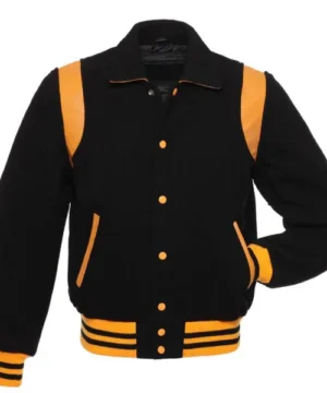 Black Gold Elite varsity jacket crafted from premium leather with classic collegiate design and sleek gold-accent detailing.
