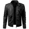 Black lambskin leather biker jacket crafted from ultra-soft premium leather with a sleek motorcycle-inspired design.
