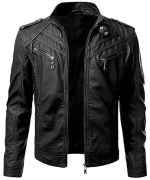 Home 14 Black lambskin leather biker jacket crafted from ultra-soft premium leather with a sleek motorcycle-inspired design.