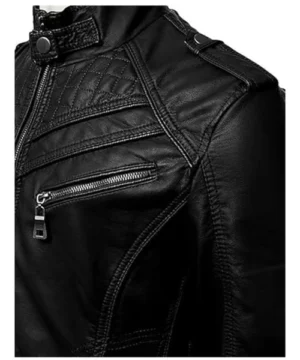 Black lambskin leather biker jacket designed for durability and comfort, offering a luxurious feel with timeless biker style.