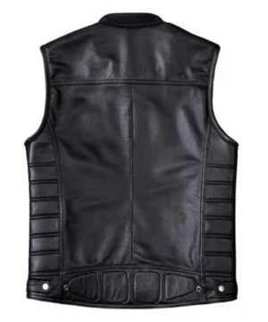 Classic black motorcycle vest combining traditional biker aesthetics with modern leather craftsmanship