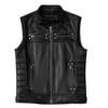Black motorcycle vest featuring premium leather, classic biker design, and rugged riding style