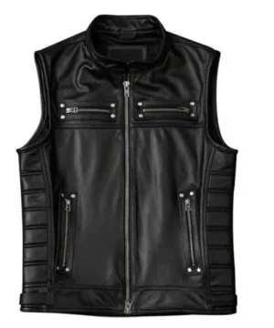 Black motorcycle vest featuring premium leather, classic biker design, and rugged riding style