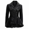 Black Raven peplum biker jacket featuring premium leather, stylish moto design, and feminine streetwear appeal