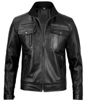Black Shadow cruiser biker jacket crafted from premium leather with a sleek motorcycle-inspired design and durable stitching.