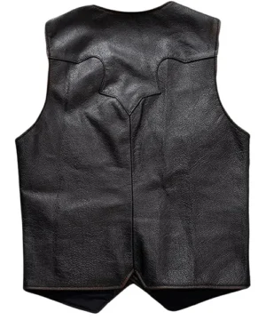 Vintage black vest with durable stitching, sleeveless cut, and old-school biker fashion appeal