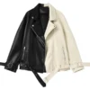 Black and white biker jacket featuring premium leather, classic moto design, and modern streetwear appeal