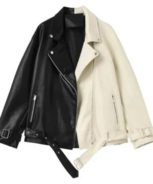 Black and white biker jacket featuring premium leather, classic moto design, and modern streetwear appeal