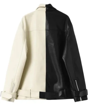 Black & white leather biker jacket designed with sleek silhouette, timeless moto detailing, and urban fashion look