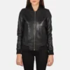 Bliss black leather bomber jacket featuring premium leather, classic bomber silhouette, and sleek streetwear style