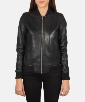 Bliss black leather bomber jacket featuring premium leather, classic bomber silhouette, and sleek streetwear style