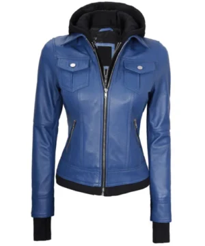 Nova blue hooded bomber jacket with rib-knit cuffs, durable stitching, and casual urban fashion appeal