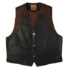 Black buffalo leather vest featuring genuine buffalo hide, rugged texture, and classic biker style
