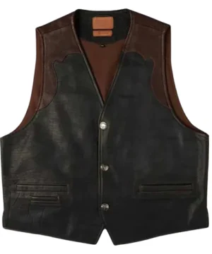 Black buffalo leather vest featuring genuine buffalo hide, rugged texture, and classic biker style
