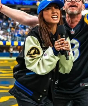 Brenda Song LA Rams varsity jacket featuring premium stitching and sporty design