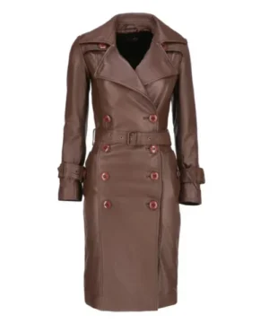 Brown Astral trench coat featuring classic longline design, premium fabric, and sophisticated outerwear style