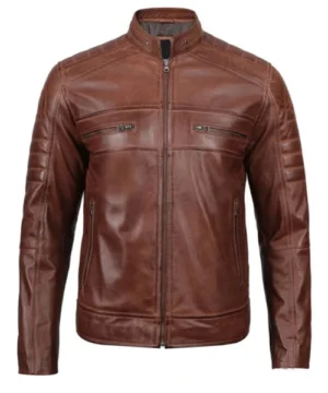 Home 12 Brown Modern Nomad biker jacket crafted from premium leather with a contemporary motorcycle-inspired design and durable stitching.