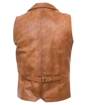 Rogue vest in brown combining classic leather craftsmanship with bold, rugged outerwear aesthetics