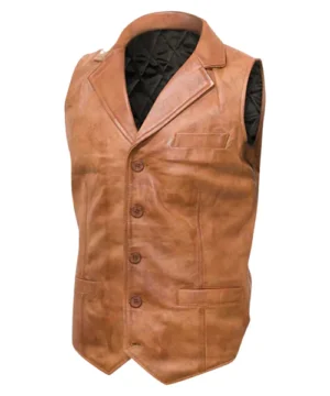 Brown Rogue vest featuring premium leather, rugged design, and classic biker-inspired style