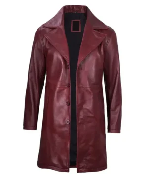 Bryson maroon Aegis trench coat featuring premium fabric, longline design, and sophisticated modern outerwear style