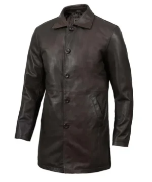 Dark brown trench coat in distressed leather designed for comfort, structured silhouette, and versatile wardrobe styling