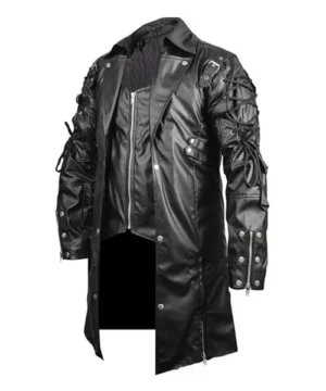 Premium black leather trench coat for men combining gothic style with timeless longline outerwear design