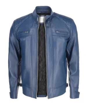 Blue men’s biker leather jacket featuring a modern riding silhouette, smooth leather texture, and a bold yet refined finish.