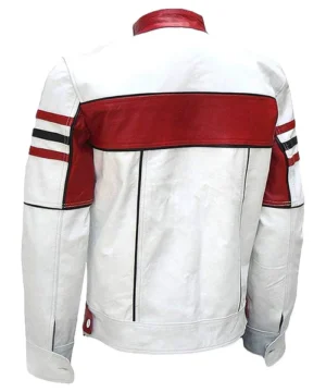 Premium men’s biker leather jacket in white and red tones, designed for motorcycle riding with a stylish sporty edge and long-lasting comfort.