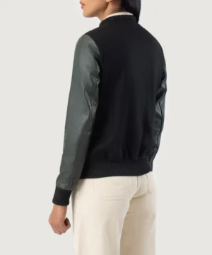 Green & black Savant varsity jacket with hybrid fabric construction, rib-knit trims, and structured collegiate styling