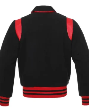 Stylish scarlet-edge black letterman jacket perfect for casual and sporty outfits