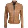 Camel brown Vesper biker jacket featuring premium leather, sleek moto design, and modern streetwear appeal
