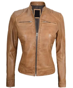 Camel brown Vesper biker jacket featuring premium leather, sleek moto design, and modern streetwear appeal