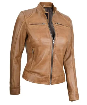 Vesper camel brown leather biker jacket with structured fit, durable stitching, and classic motorcycle aesthetics