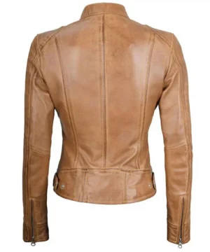 Camel Vesper biker jacket designed with timeless moto styling, comfortable fit, and contemporary outerwear look