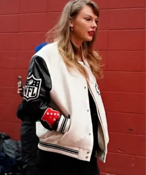 Taylor Swift Kansas City Chiefs varsity jacket inspired by NFL game day style
