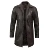 Dark brown distressed Legacy trench coat featuring premium leather, rugged vintage design, and sophisticated outerwear style