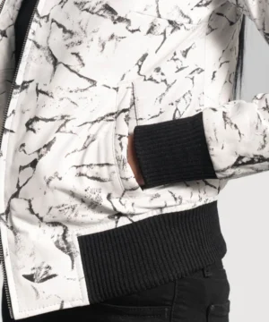 White Donna Blake leather bomber jacket with ribbed cuffs, durable stitching, and sleek contemporary style