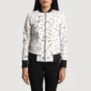 Donna Blake white leather bomber jacket featuring premium leather, classic bomber silhouette, and modern streetwear appeal