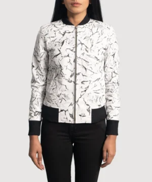 Donna Blake white leather bomber jacket featuring premium leather, classic bomber silhouette, and modern streetwear appeal