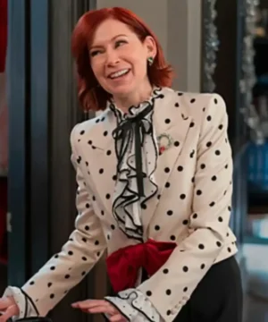 Carrie Preston polka dot crop blazer featured in Elsbeth Season 3 with modern tailoring